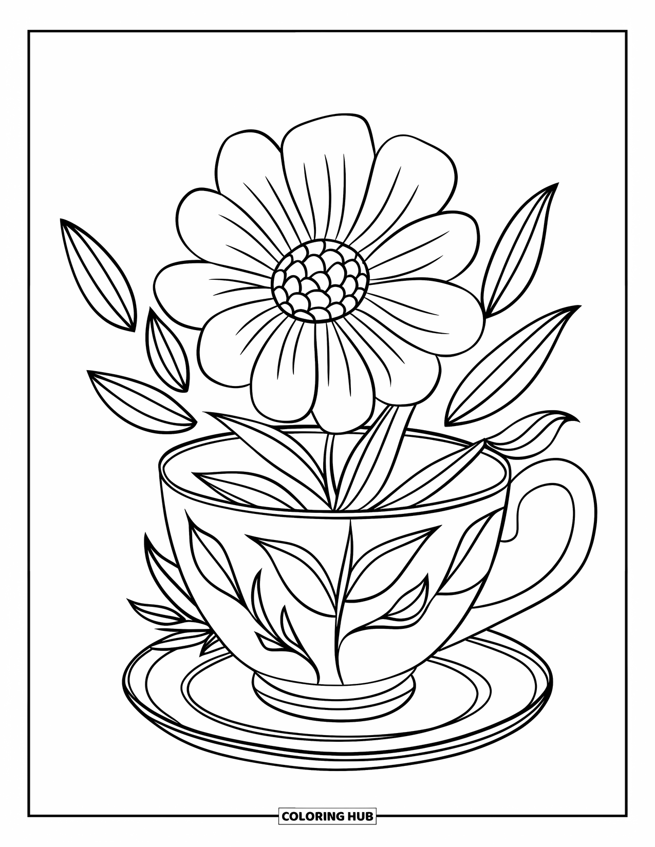 Teacup Coloring Page for Kids: Teacup with bold flower and small leaves