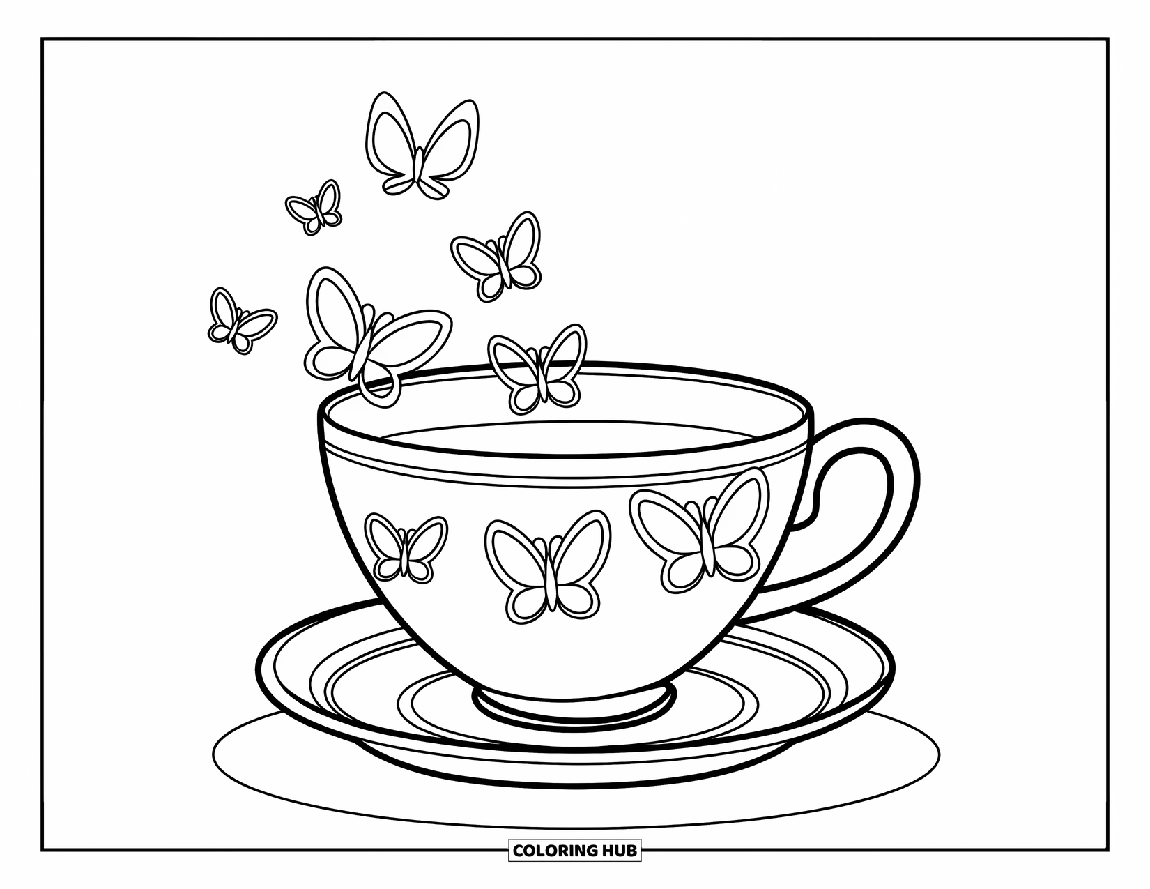 Teacup Coloring Page for Kids: Teacup with butterflies along the rim on a saucer