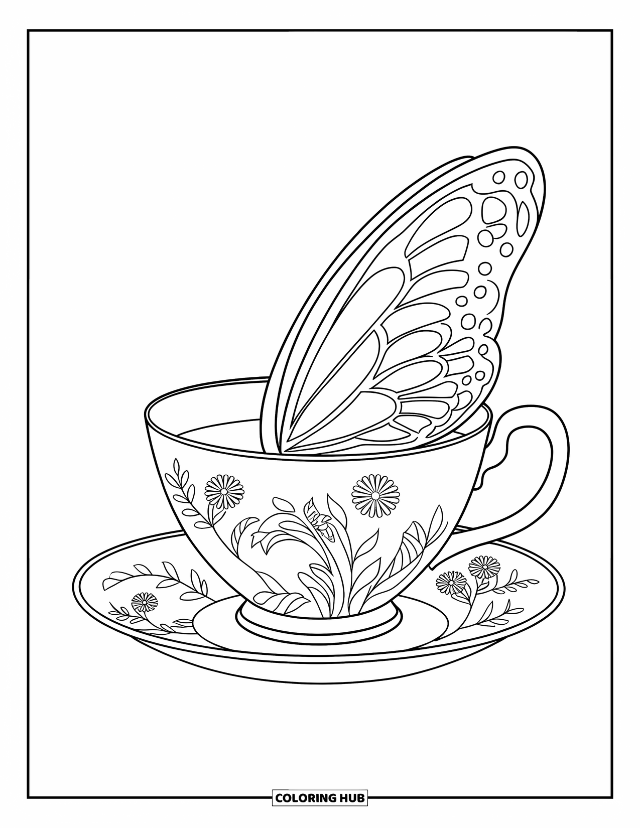 Teacup Coloring Page for Kids: Teacup with butterfly rim and floral prints on saucer
