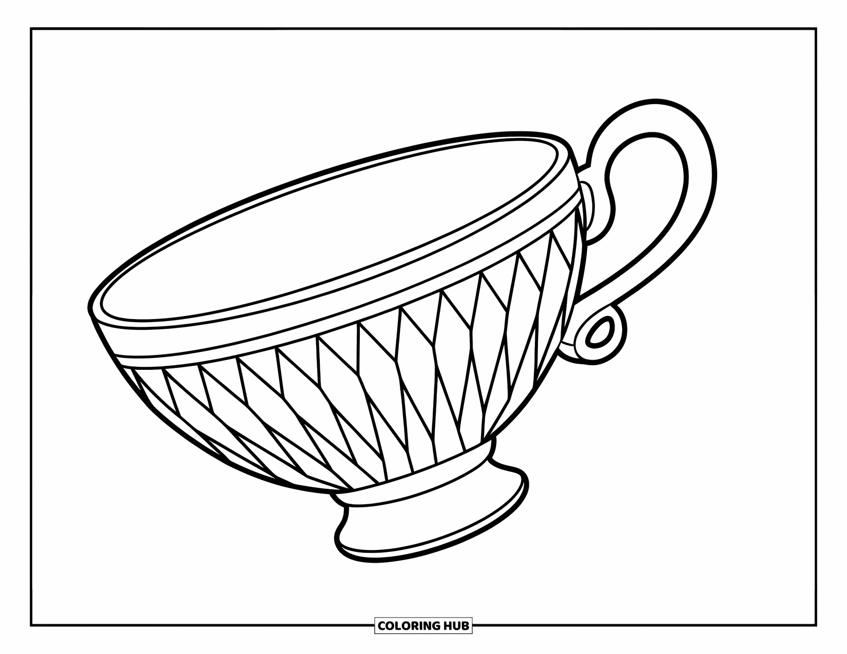 Teacup Coloring Page for Kids: Teacup with crystal-like facets held by a hand