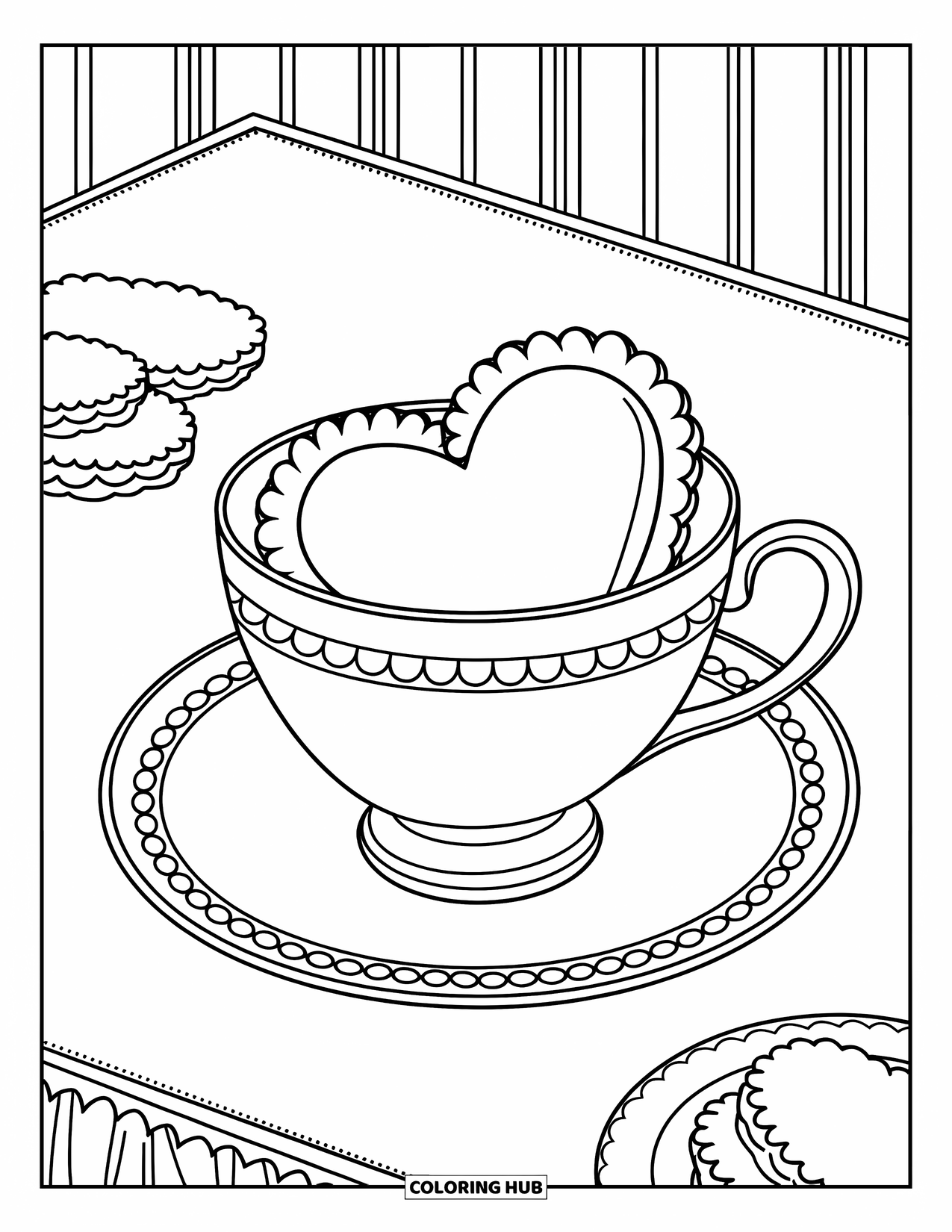 Teacup Coloring Page for Kids: Teacup with dotted scallops and heart-shaped biscuit in it