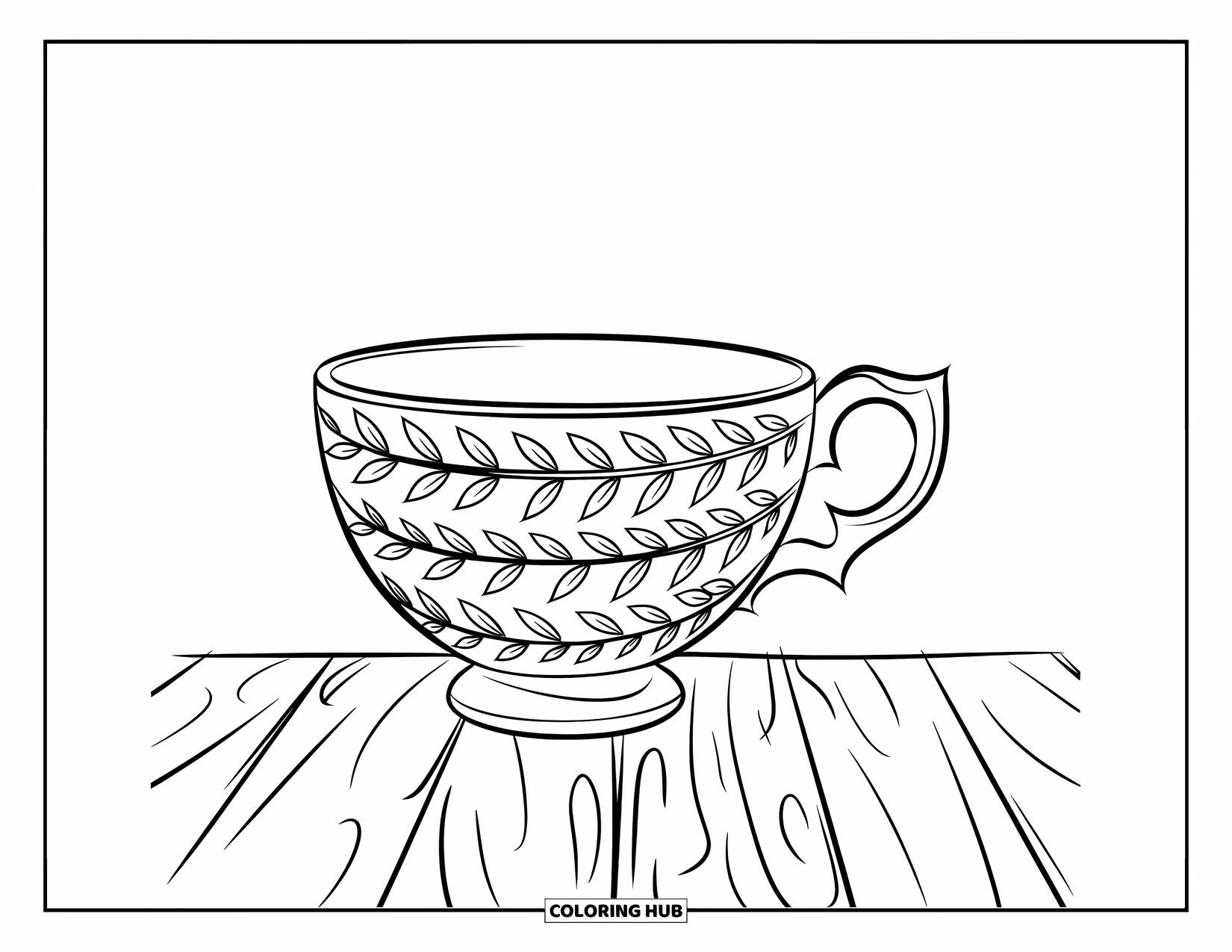 Teacup Coloring Page for Kids: Teacup with leaf etchings on a wooden surface