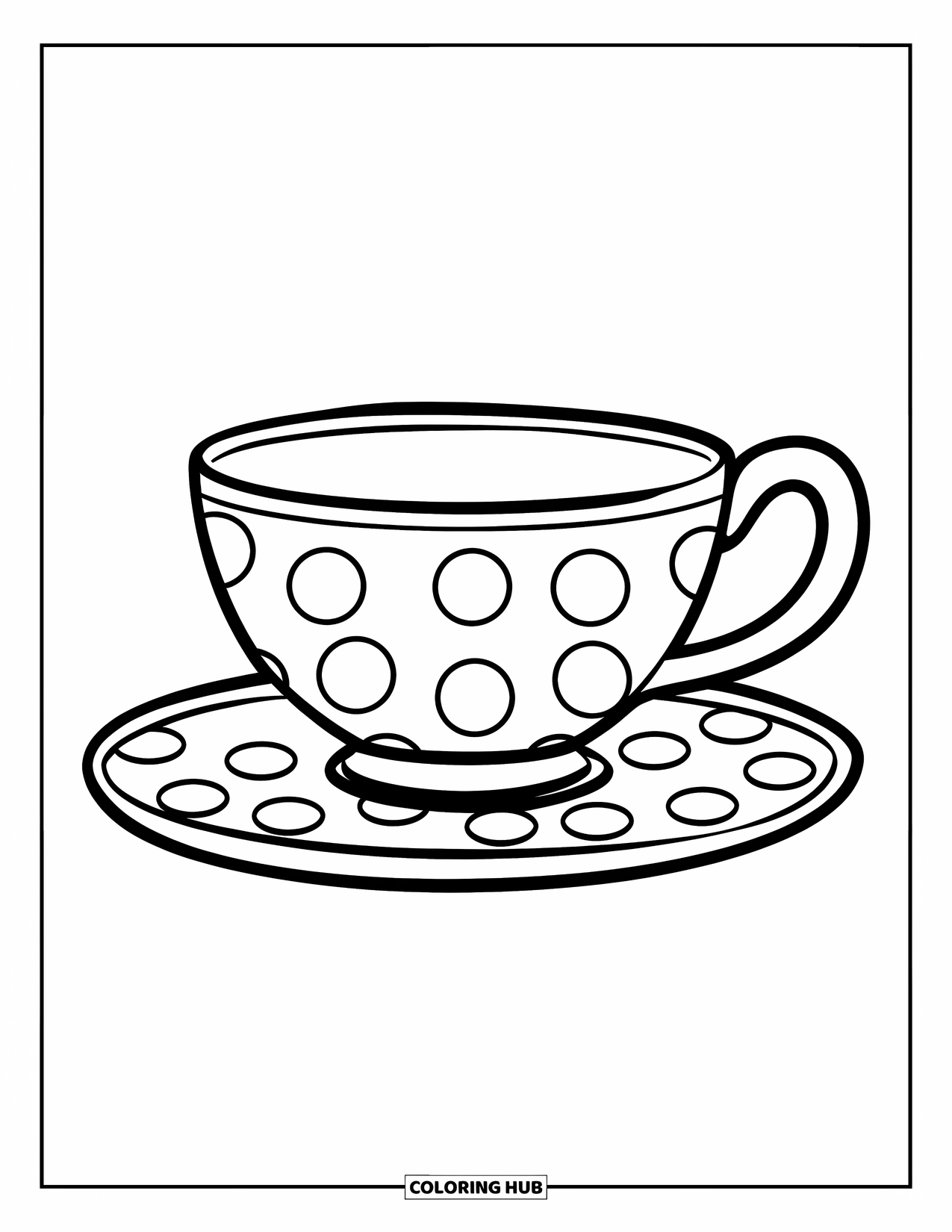 Teacup Coloring Page for Kids: Teacup with oversized polka dots and bold handles