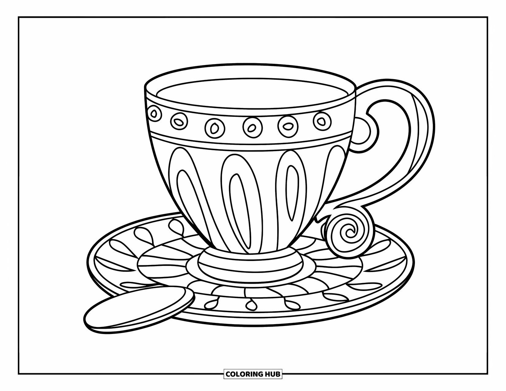 Teacup Coloring Page for Kids: Teacup with spiral handle and spoon on the side