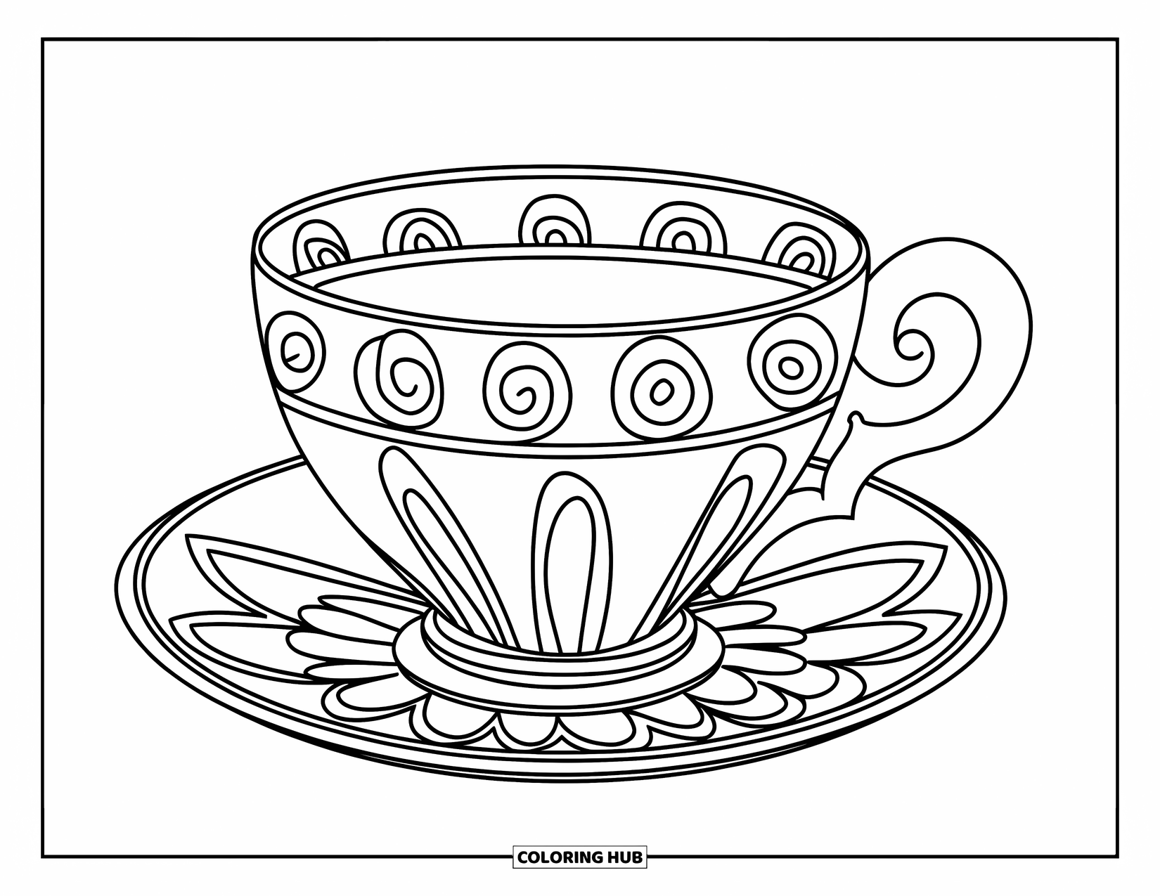 Teacup Coloring Page for Kids: Teacup with spirals and chunky curved handle on floral saucer