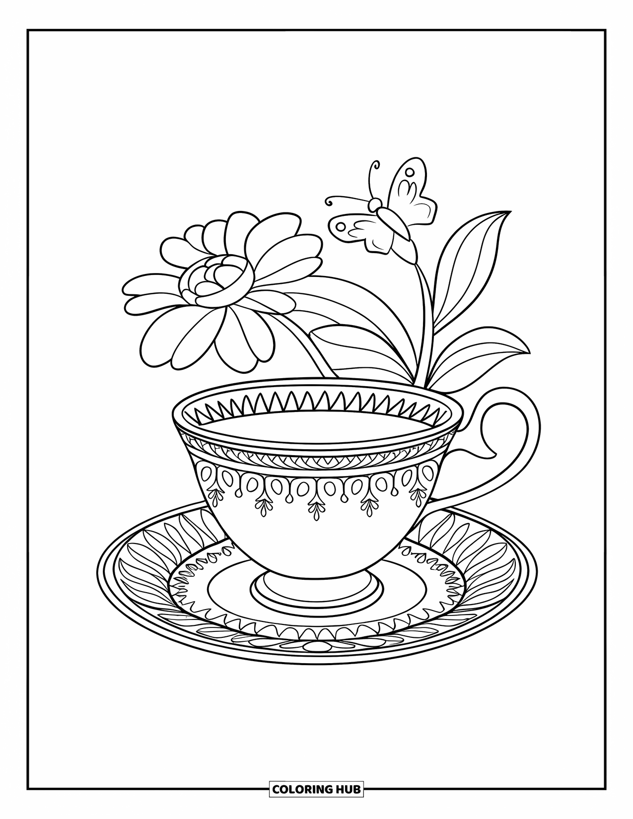 Teacup Coloring Page for Kids: Vintage teacup with butterfly and floral details