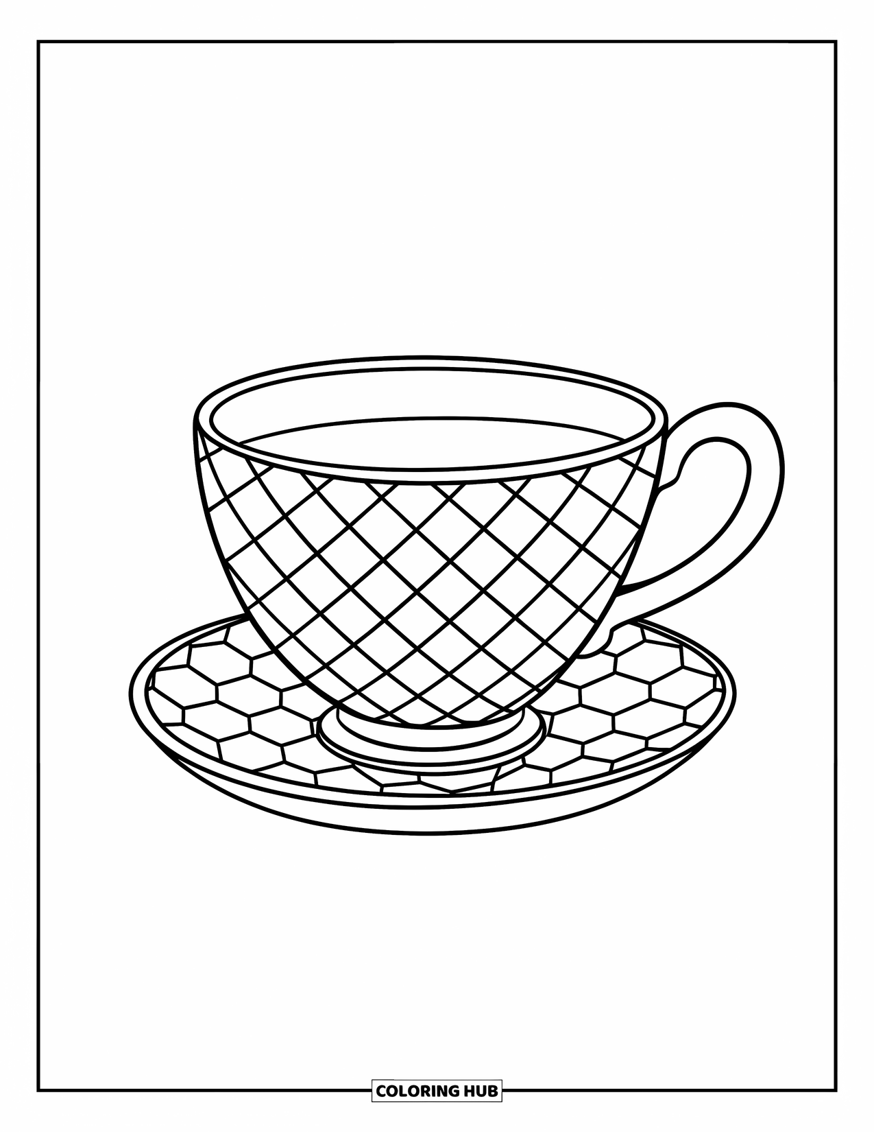 Teacup Coloring Page for Kids: Wide checkered teacup on a small round saucer