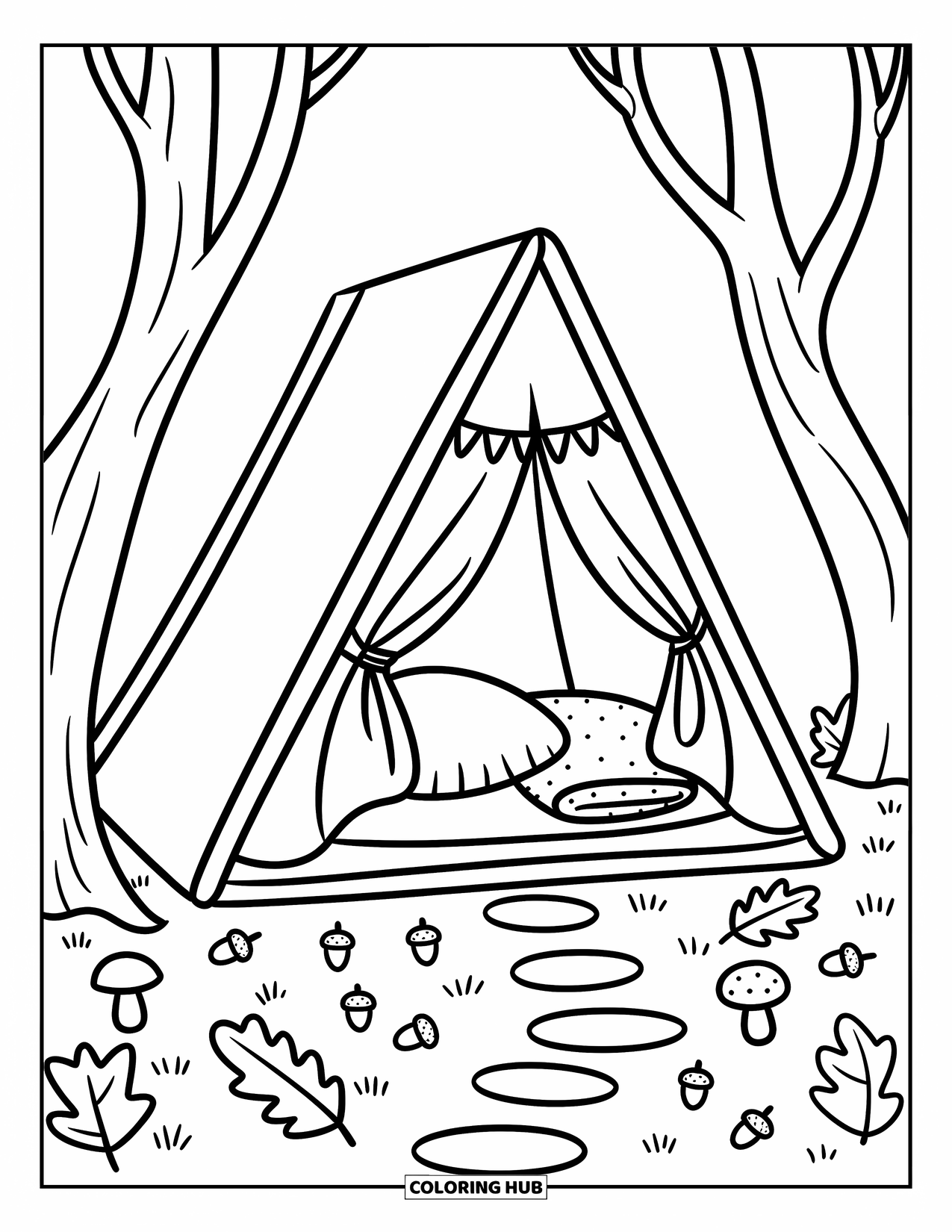 Tent Coloring Page for Adults: A-frame tent between trees with bunting, pillow, and leaf piles at the entrance