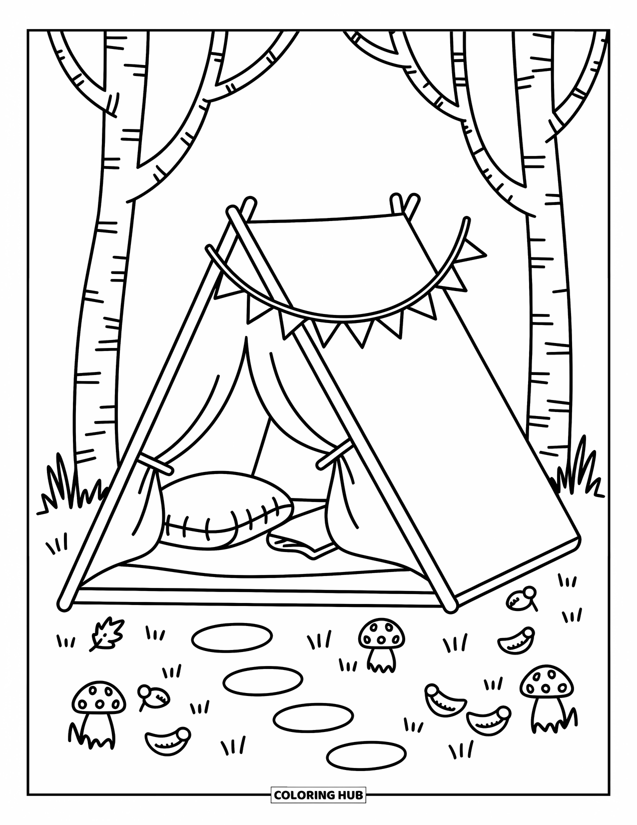Tent Coloring Page for Adults: A-frame tent with blanket inside, bunting, mushrooms, and tiny acorns around