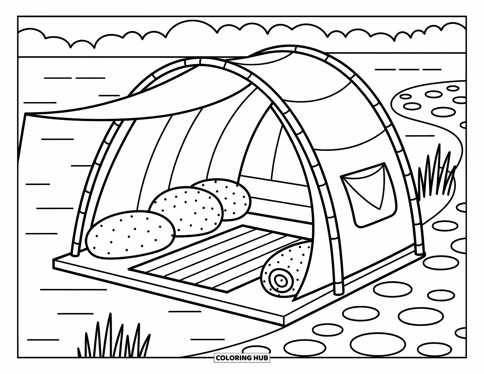 Tent Coloring Page for Adults: Canopy tent with cushions by a peaceful lake, framed with stones and reeds