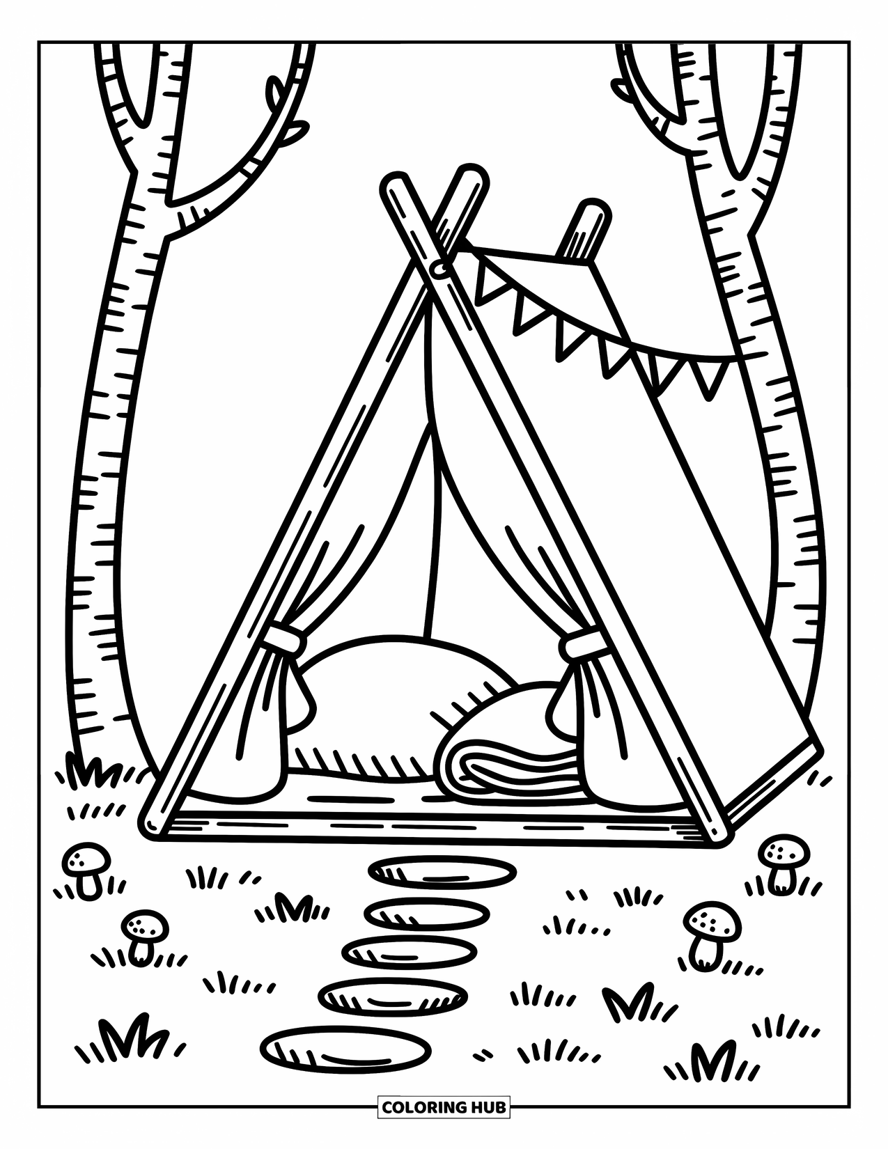 Tent Coloring Page for Adults: Classic tent nestled between trees with bunting, soft pillow, and nature bits