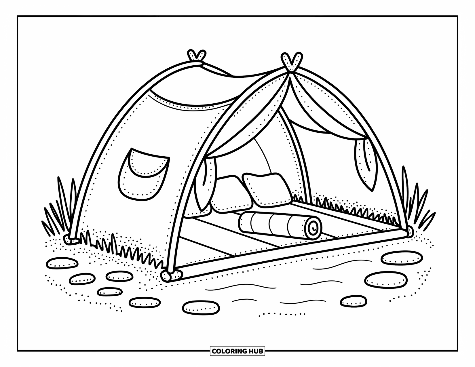 Tent Coloring Page for Adults: Curved tent near the lake with picnic setup, puffy seams, and gentle shoreline