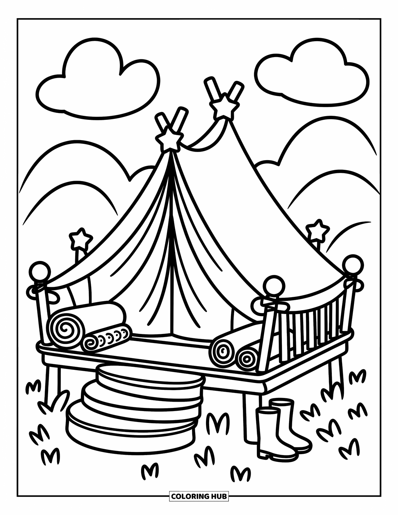 Tent Coloring Page for Adults: Dome tent on a platform with star pegs, rolled blankets, and rounded steps