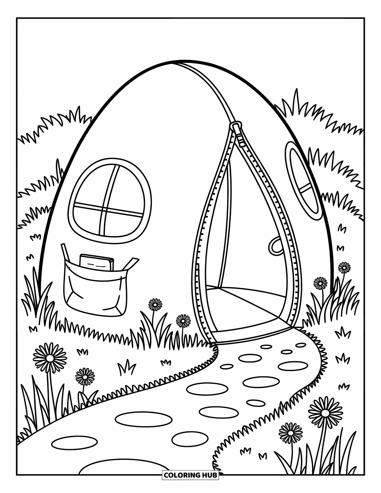 Tent Coloring Page for Adults: Dome tent with zipper entrance, pocket, and notepad, surrounded by wildflowers