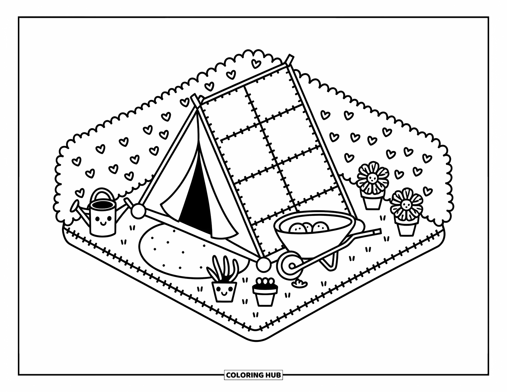 Tent Coloring Page for Adults: Patchwork tent nestled in a garden corner with flower pots, vines, and gardening tools