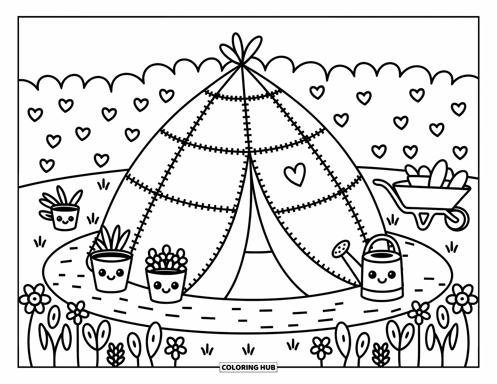 Tent Coloring Page for Adults: Patchwork tent sits in a garden nook with flower pots, a wheelbarrow, and leafy hedges