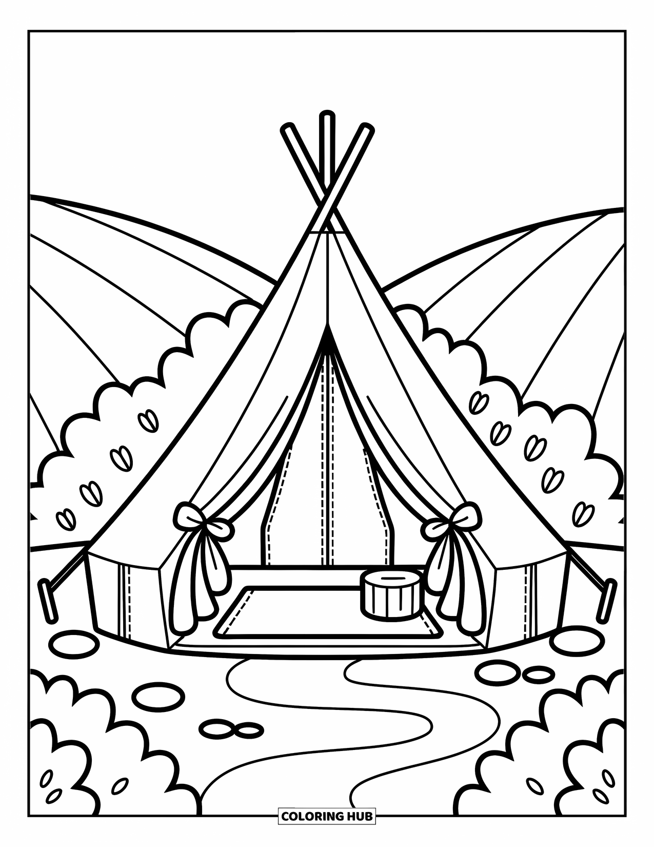 Tent Coloring Page for Adults: Pointed tent with flaps and ribbons peeking out from bushes near a winding stream