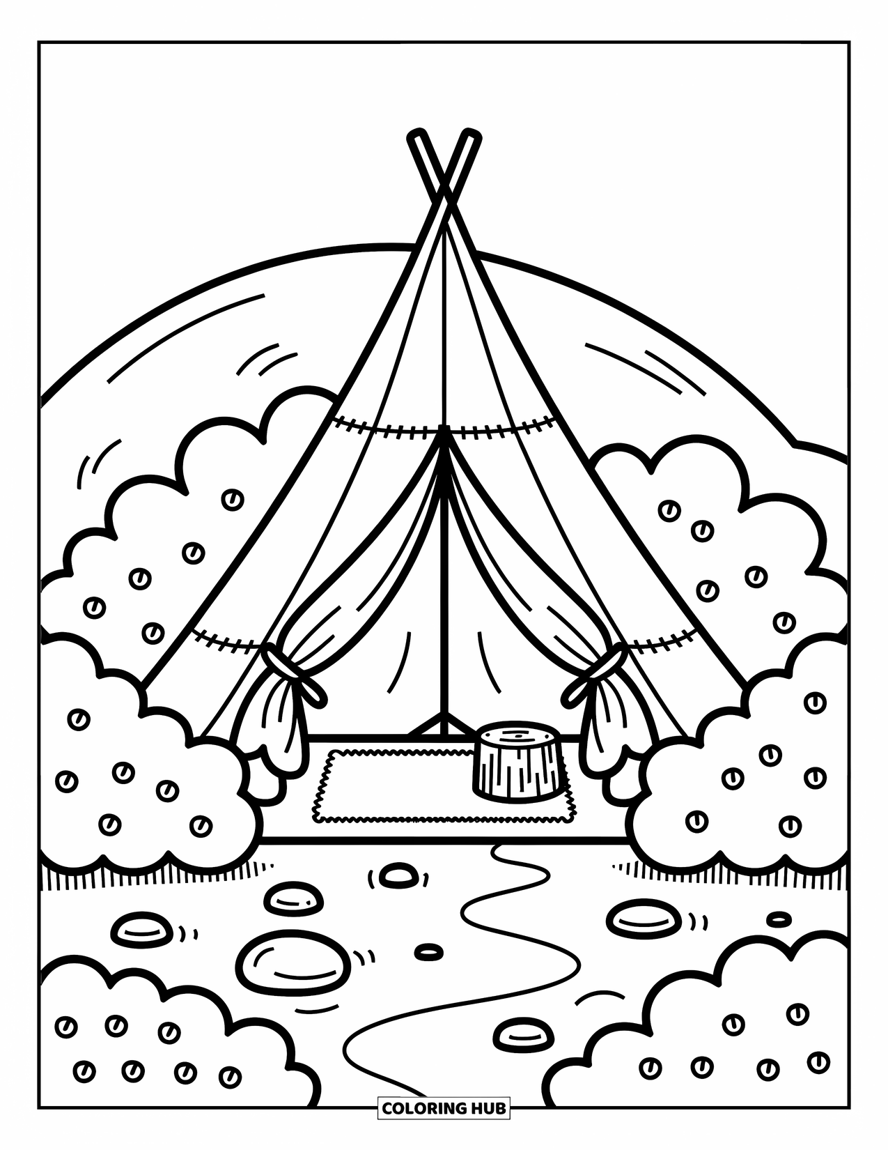 Tent Coloring Page for Adults: Pointed tent with ribbon-tied flaps and stream surrounded by shrubs and pebbles