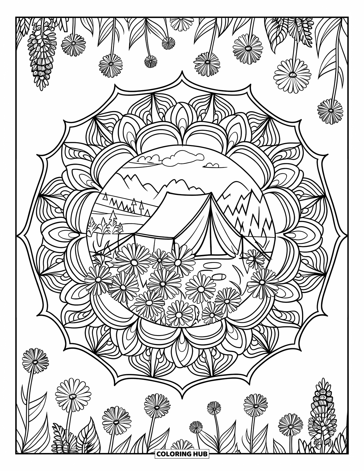 Tent Coloring Page for Adults: Radial mandala with tent and wildflowers, set against a mountain landscape