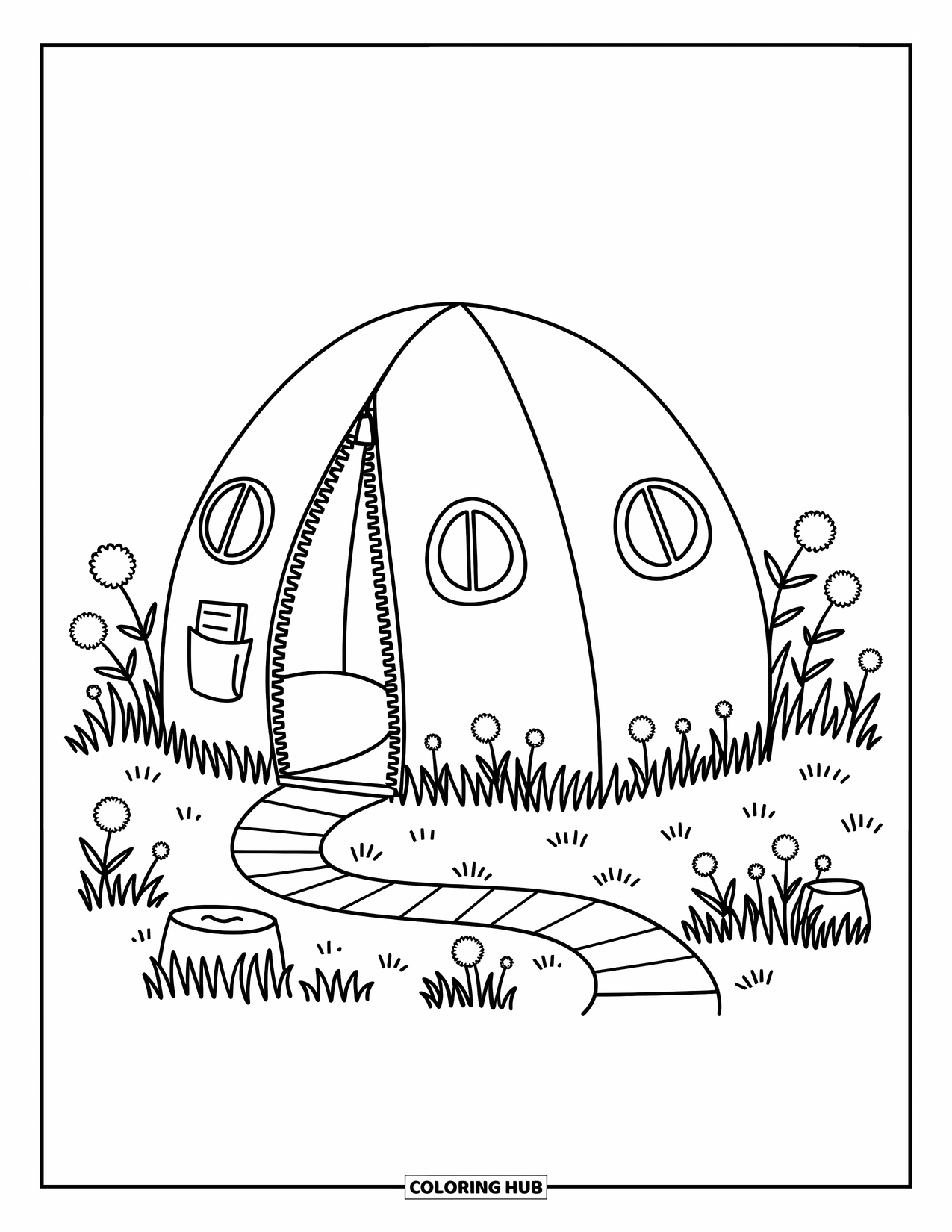 Tent Coloring Page for Adults: Rounded tent with windows, path, and wildflowers on a grassy meadow