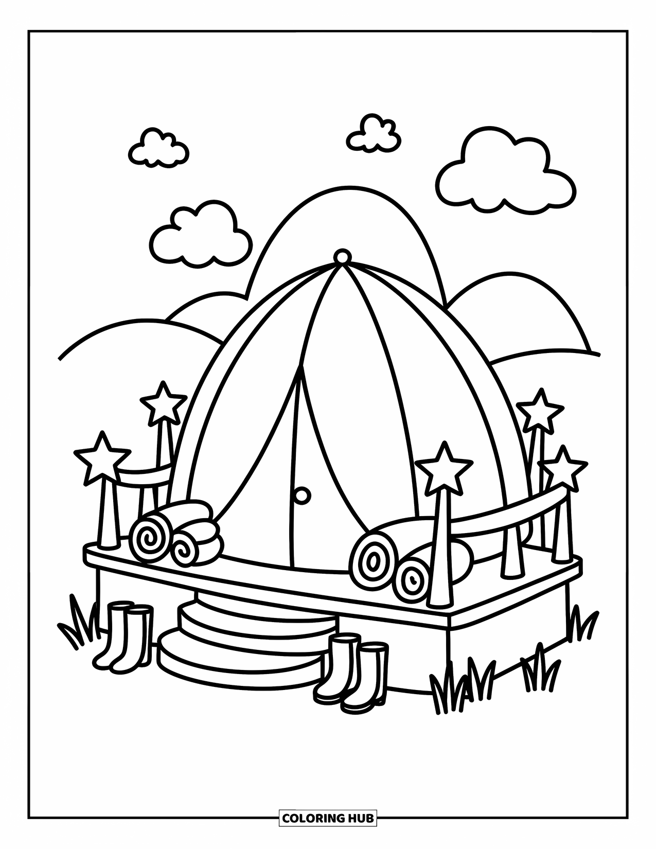 Tent Coloring Page for Adults: Soft dome tent on a platform with steps, blankets, and fluffy clouds above
