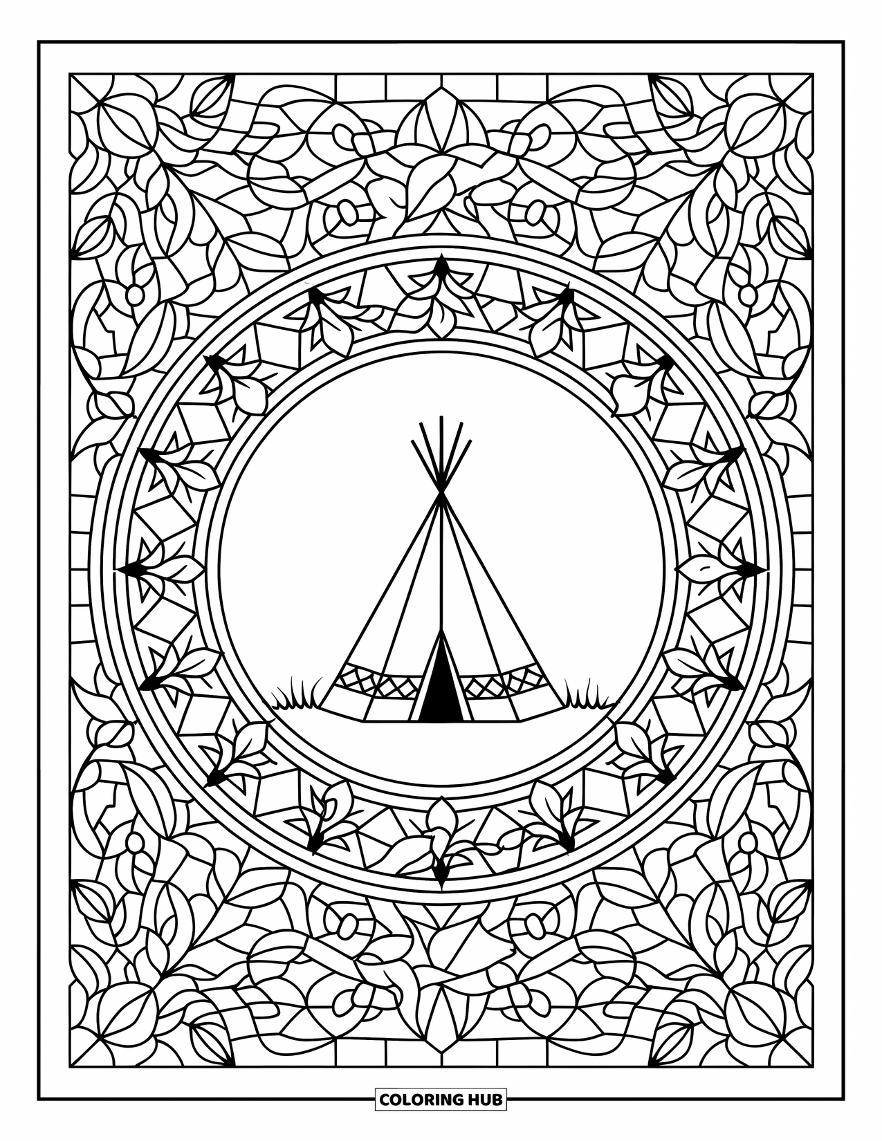 Tent Coloring Page for Adults: Teepee framed by stained-glass patterns of vines, stars, and leaves
