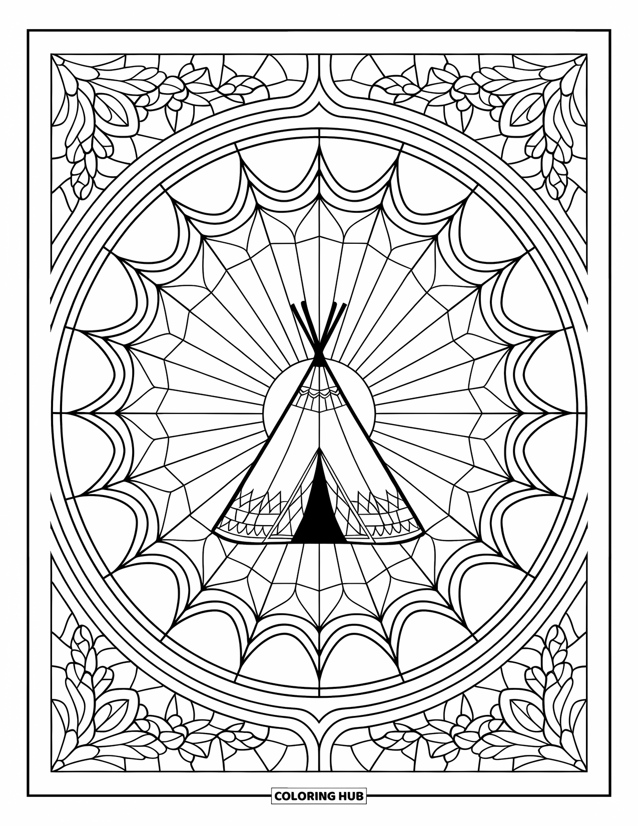 Tent Coloring Page for Adults: Teepee tent centered in a stained-glass pattern of stars and leaves