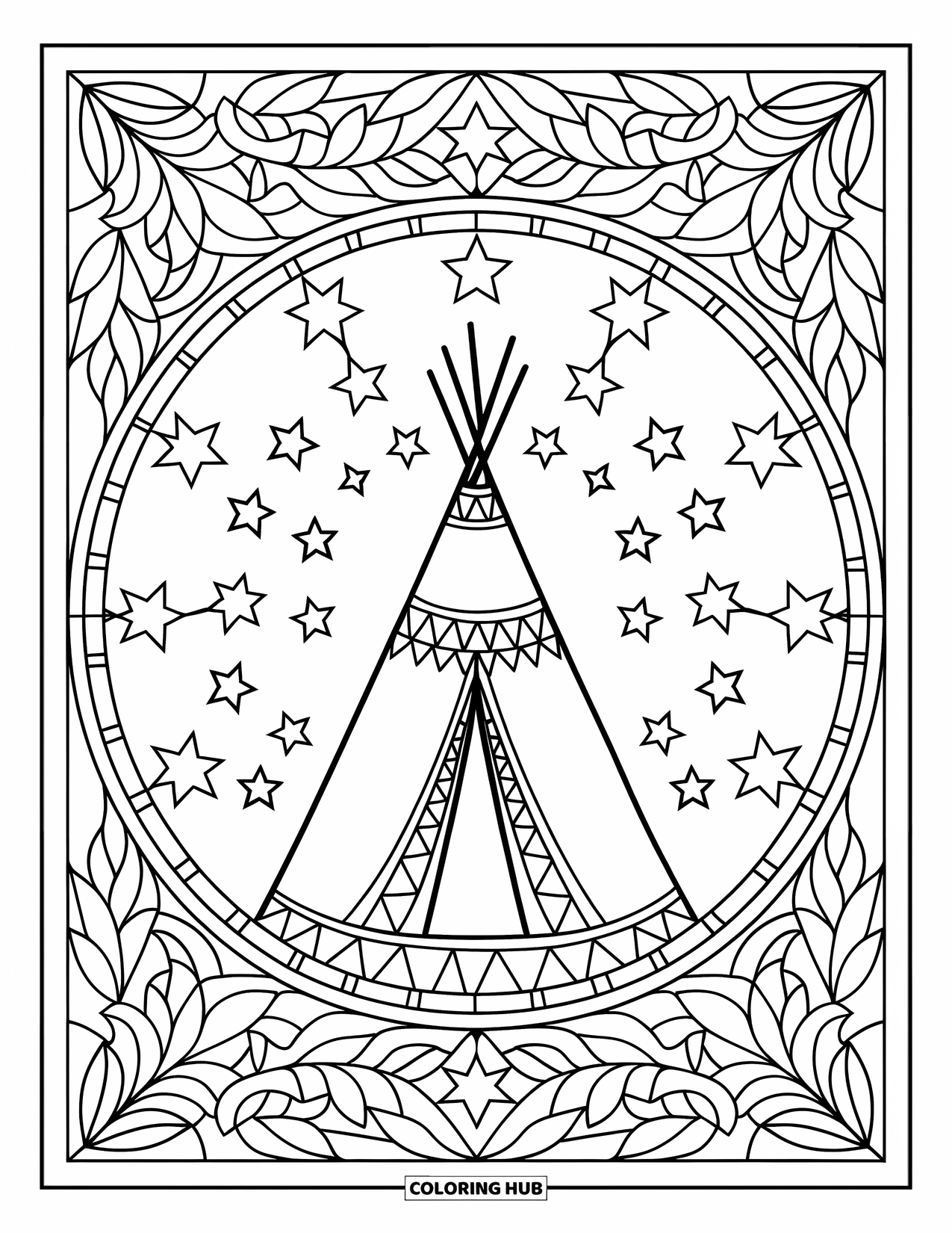 Tent Coloring Page for Adults: Teepee tent in a celestial leaf-and-star stained-glass mandala