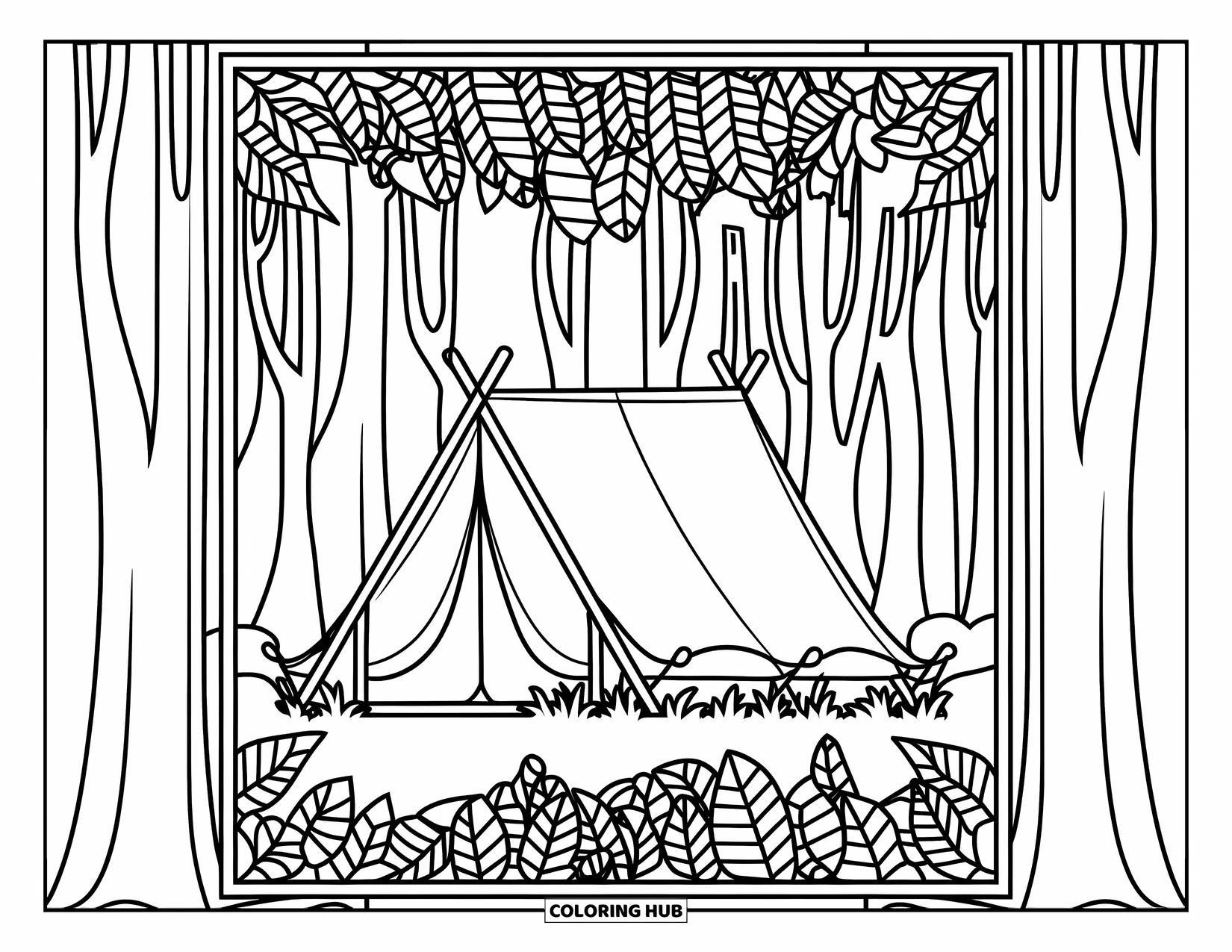 Tent Coloring Page for Adults: Tent among trees with a botanical lace border and forest background