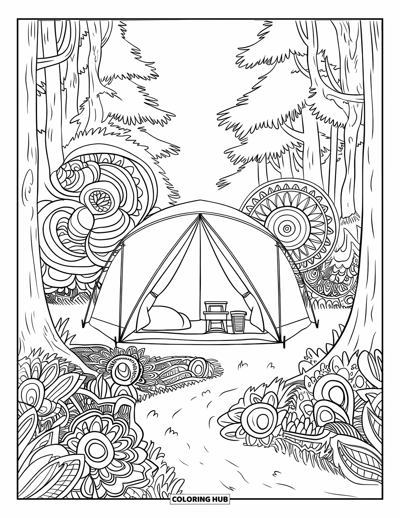 Tent Coloring Page for Adults: Tent among trees with mandala vines and a winding forest path