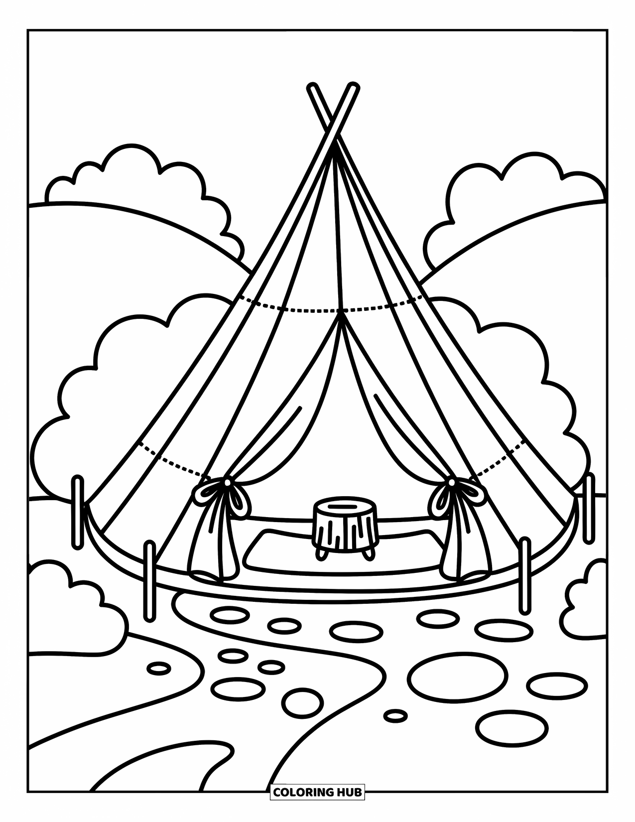 Tent Coloring Page for Adults: Tent behind soft bushes with a log stool, mat, and stitched panel design