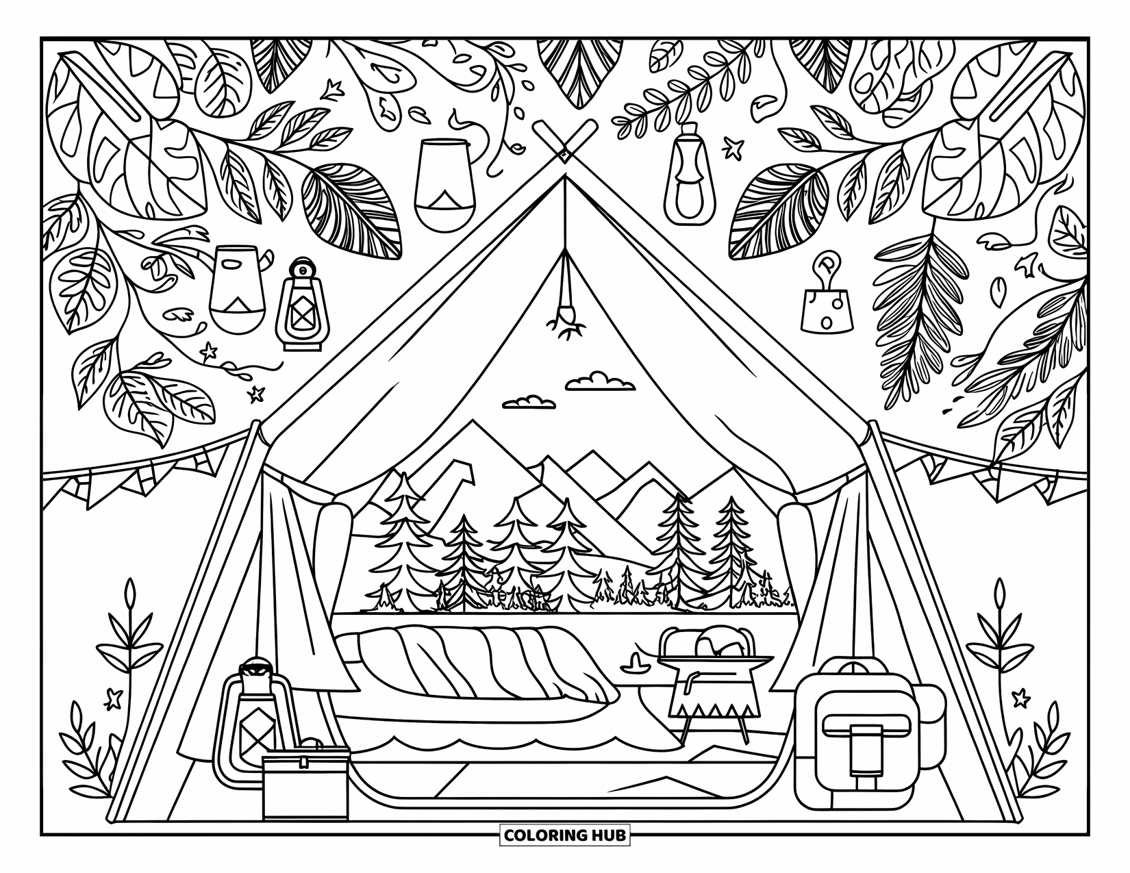 Tent Coloring Page for Adults: Tent interior with backpack and stove, surrounded by camping-themed mandalas