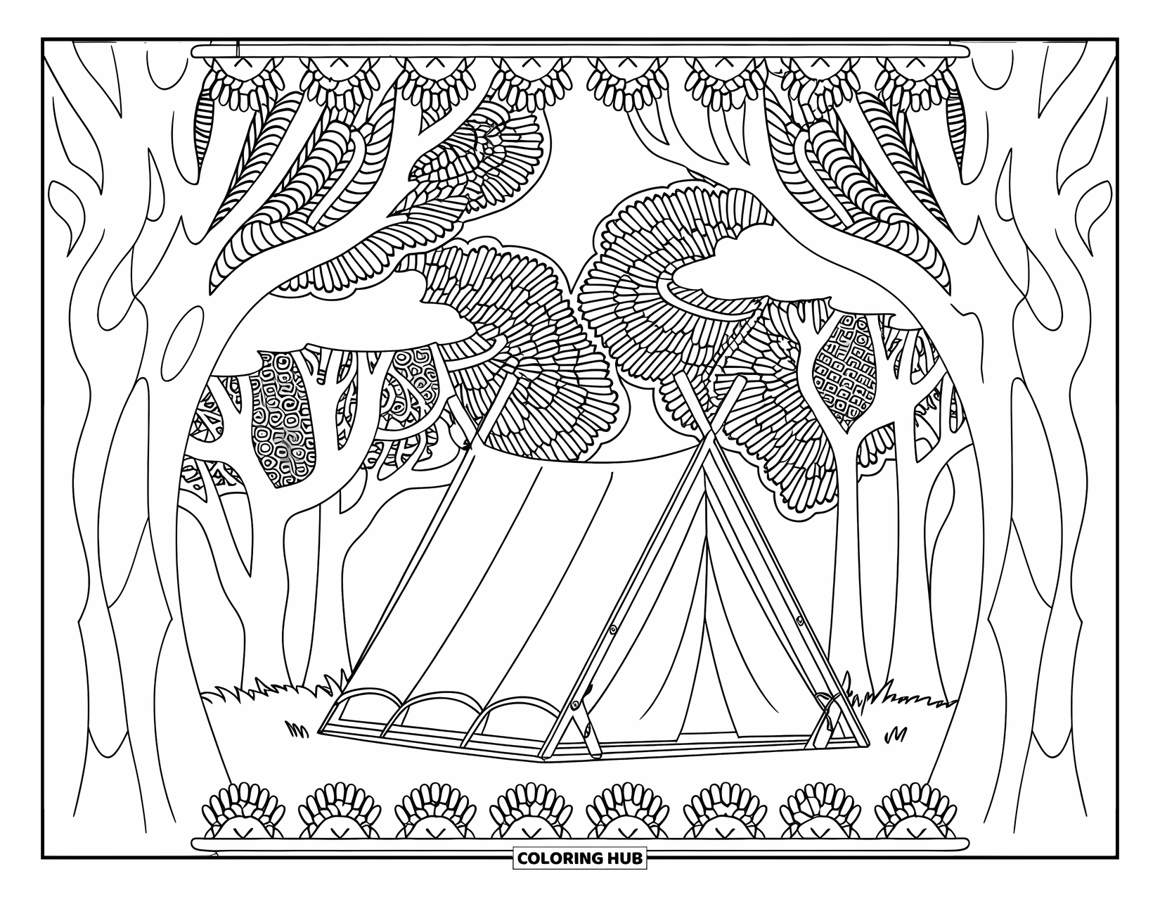 Tent Coloring Page for Adults: Tent nestled among trees, framed by detailed botanical lace patterns