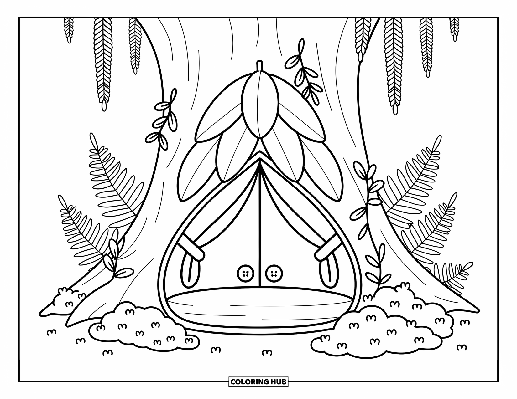 Tent Coloring Page for Adults: Tent tucked in a hollow tree base with leafy vines and forest ferns around
