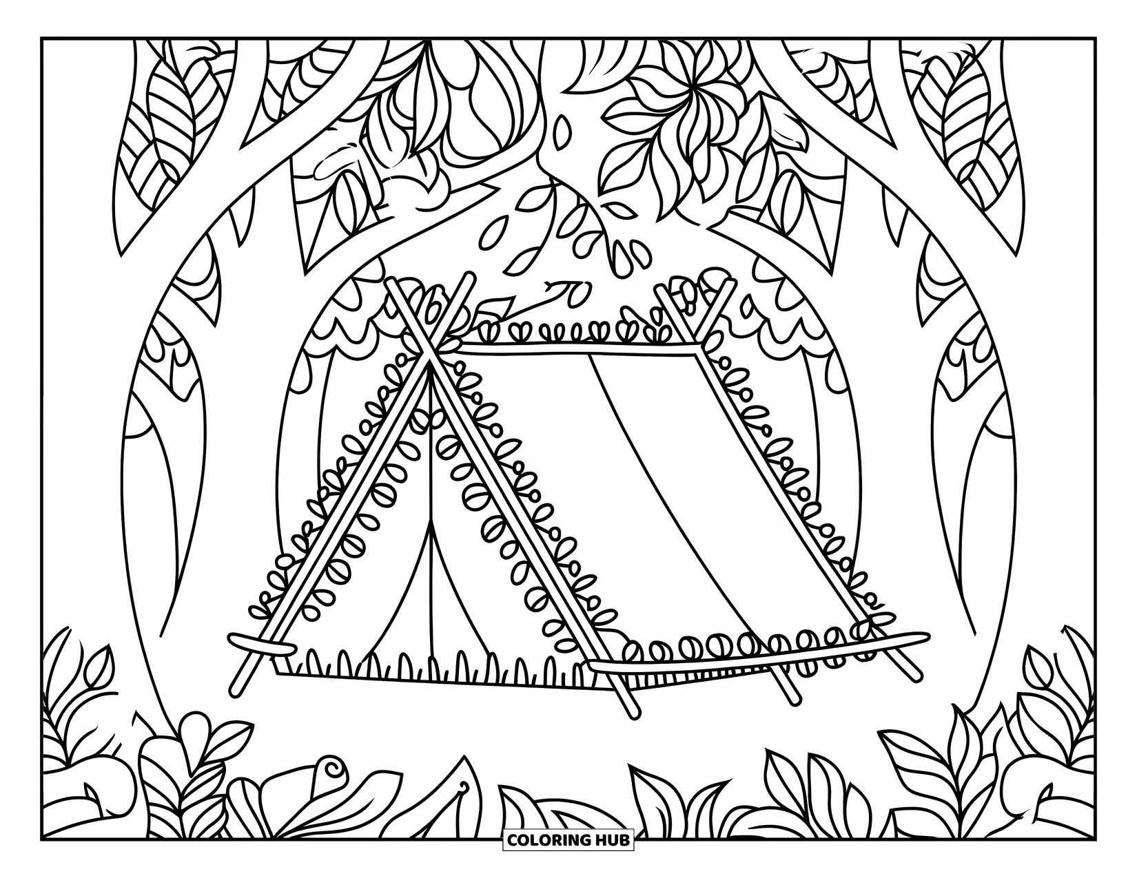 Tent Coloring Page for Adults: Tent with lace-style leaves and branches, surrounded by bold forest outlines