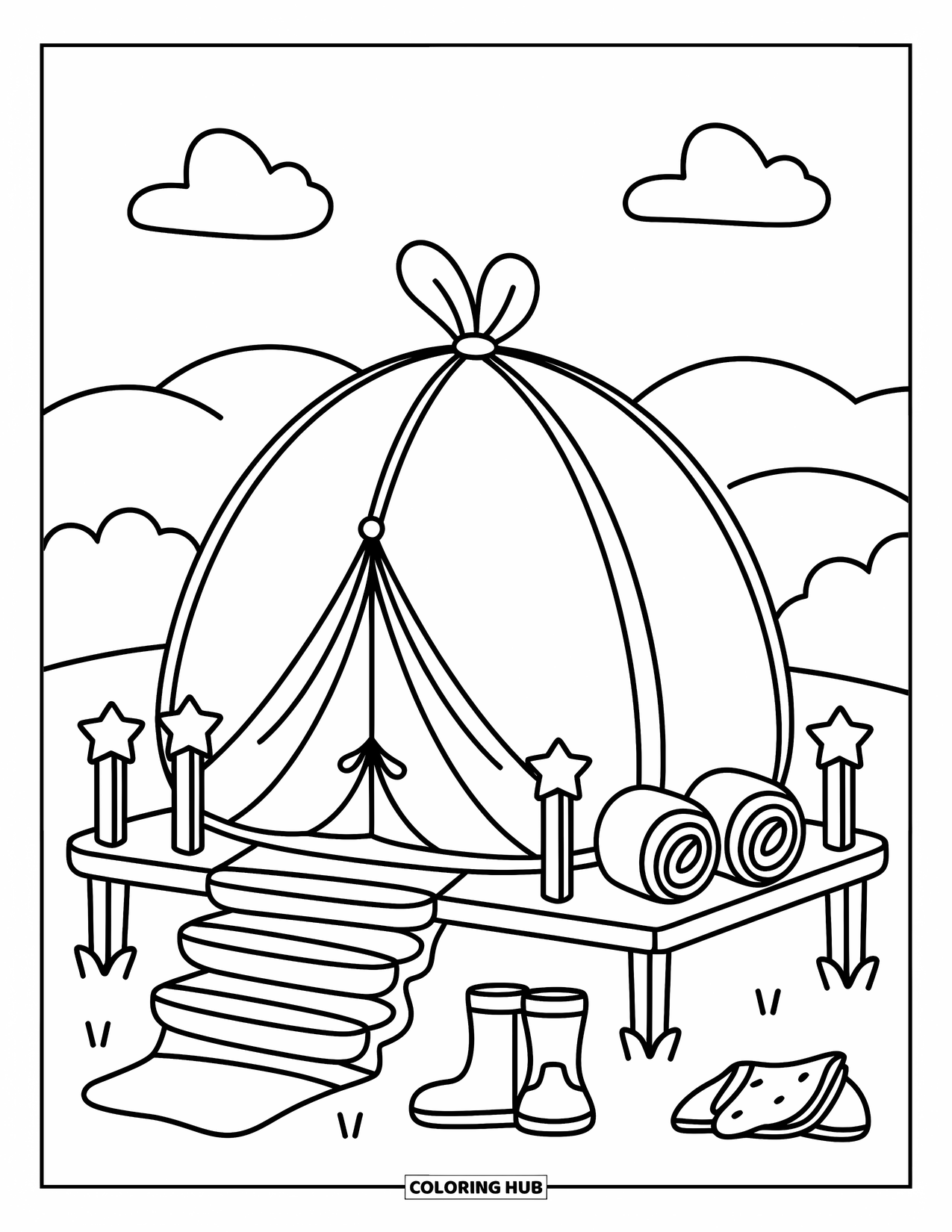 Tent Coloring Page for Adults: Tent with rounded sides on a platform, surrounded by clouds and cozy camp items