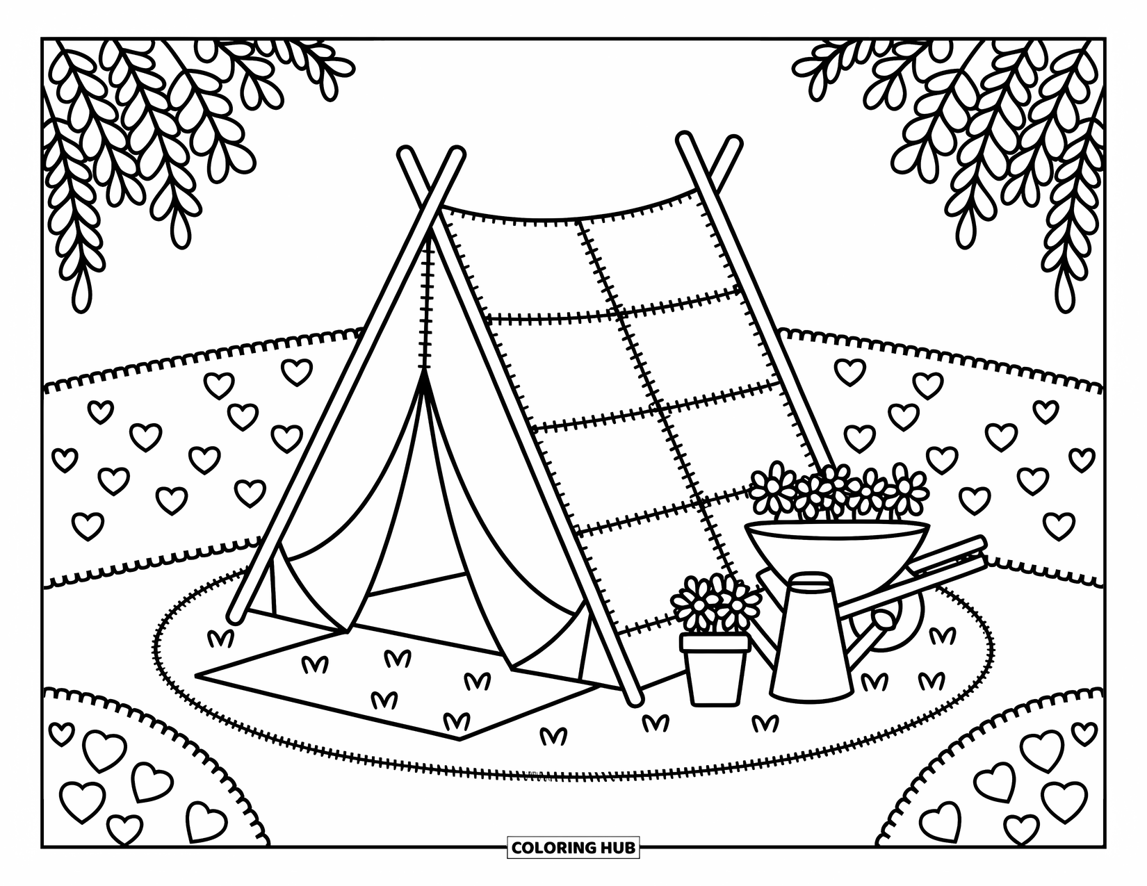 Tent Coloring Page for Adults: Tent with stitched panels surrounded by playful garden tools, leaves, and a wheelbarrow