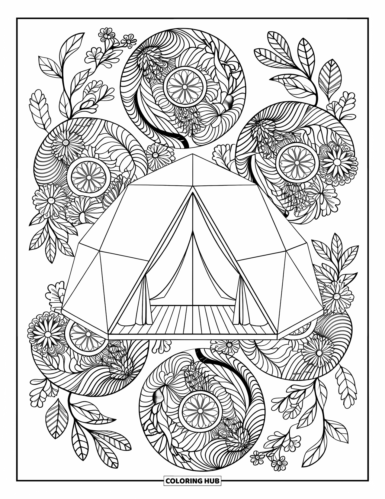 Tent Coloring Page for Adults: Tent with wooden base, wrapped in leafy mandalas and surrounded by white space