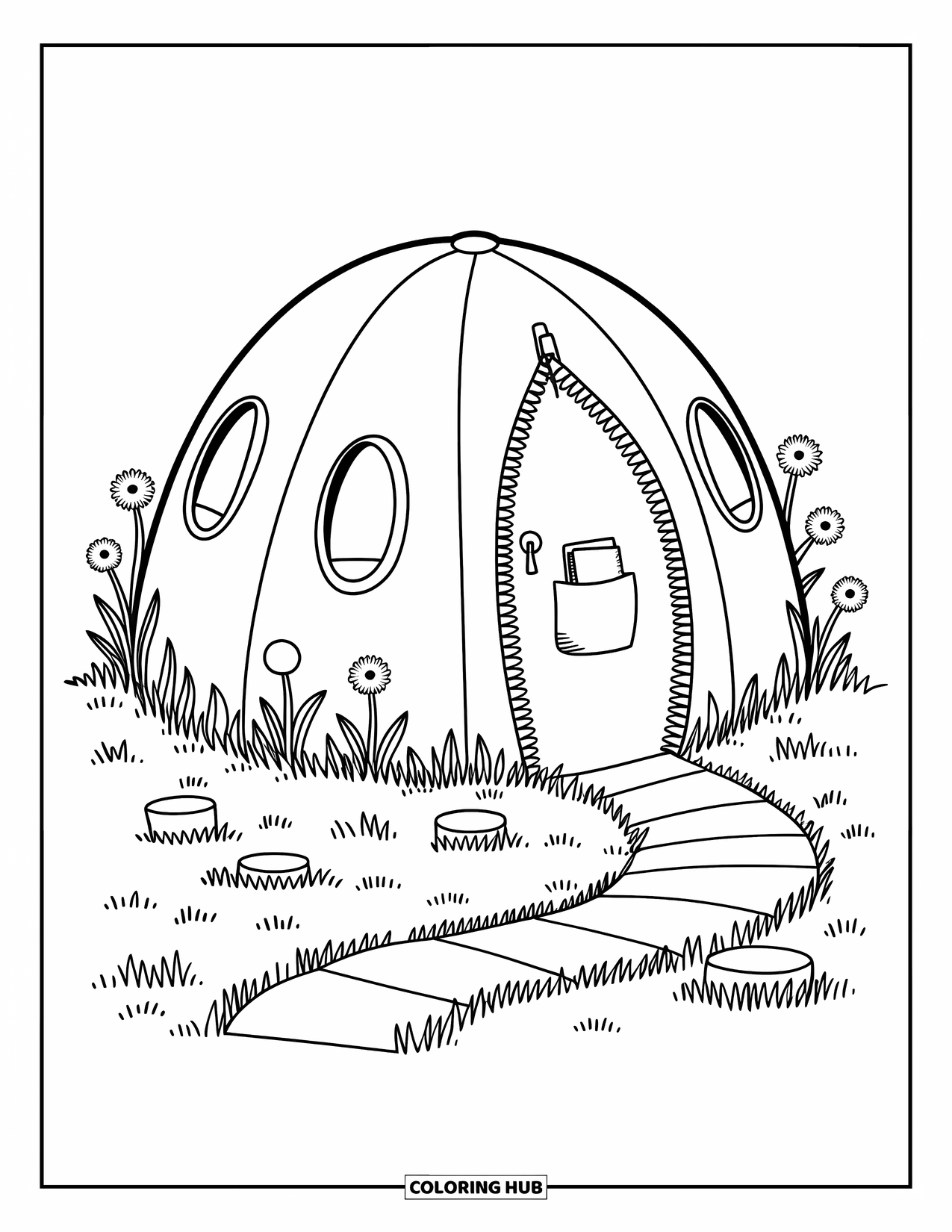 Tent Coloring Page for Adults: Tent with zipper door and pocket, surrounded by stone path and blooming flowers