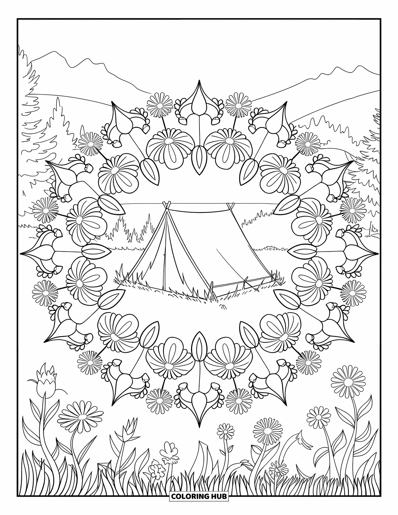 Tent Coloring Page for Adults: Wildflower mandala with tent in the center and a peaceful nature setting