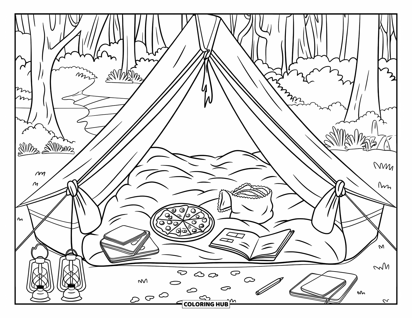 Tent Coloring Page for Kids: Blanket fort inside a tent with snacks, books, and camping items nearby