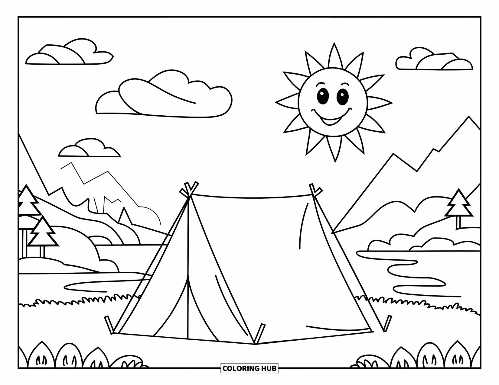 Tent Coloring Page for Kids: Camping tent scene with a smiling sun, fluffy clouds, and mountain views