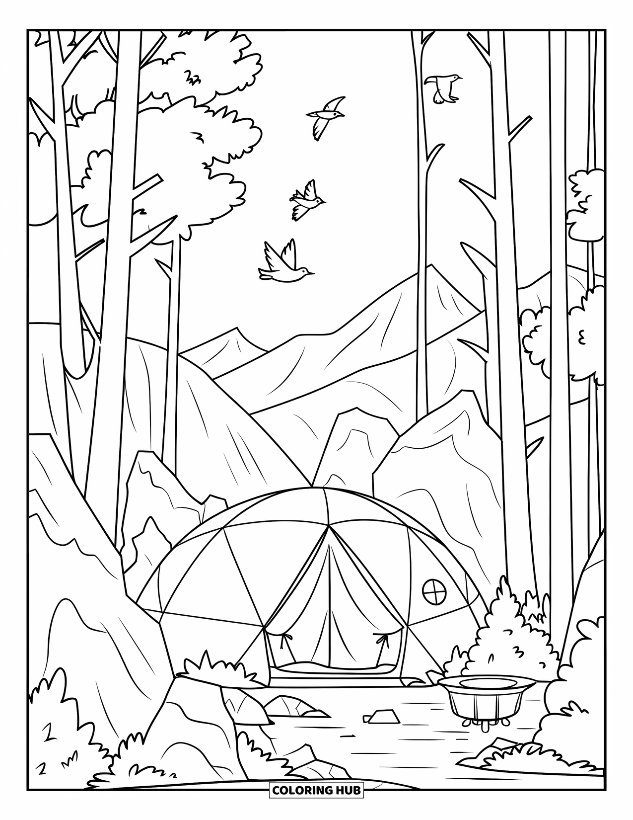 Tent Coloring Page for Kids: Dome tent near a fire pit with rocky ground and birds overhead