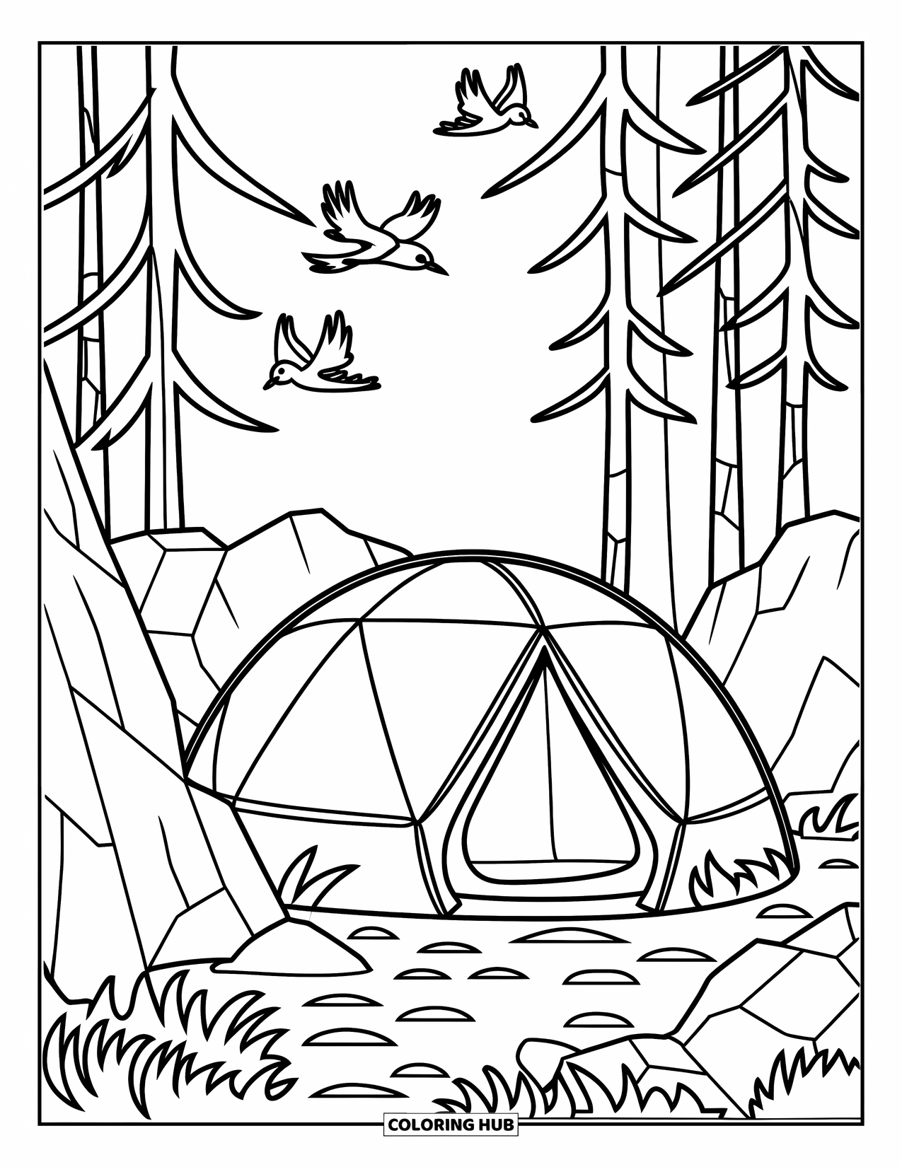 Tent Coloring Page for Kids: Dome tent nestled between rocks and trees with birds flying above