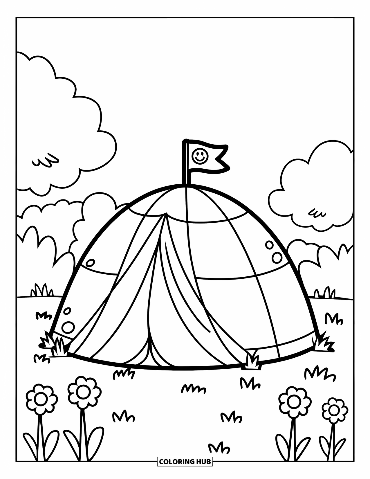 Tent Coloring Page for Kids: Dome tent with a smiley flag in a cheerful flower-filled grassy space