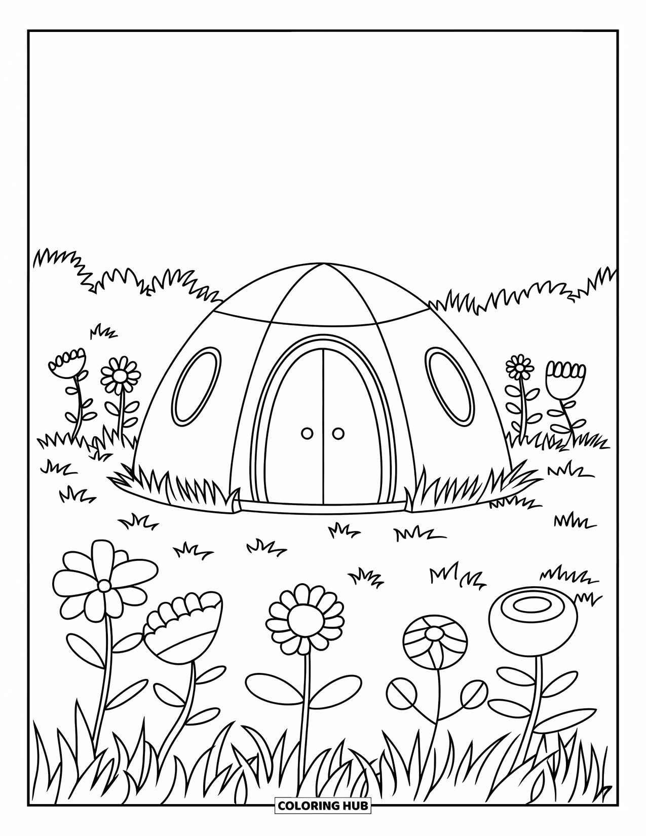 Tent Coloring Page for Kids: Dome tent with windows and flowers in a grassy field with clear skies