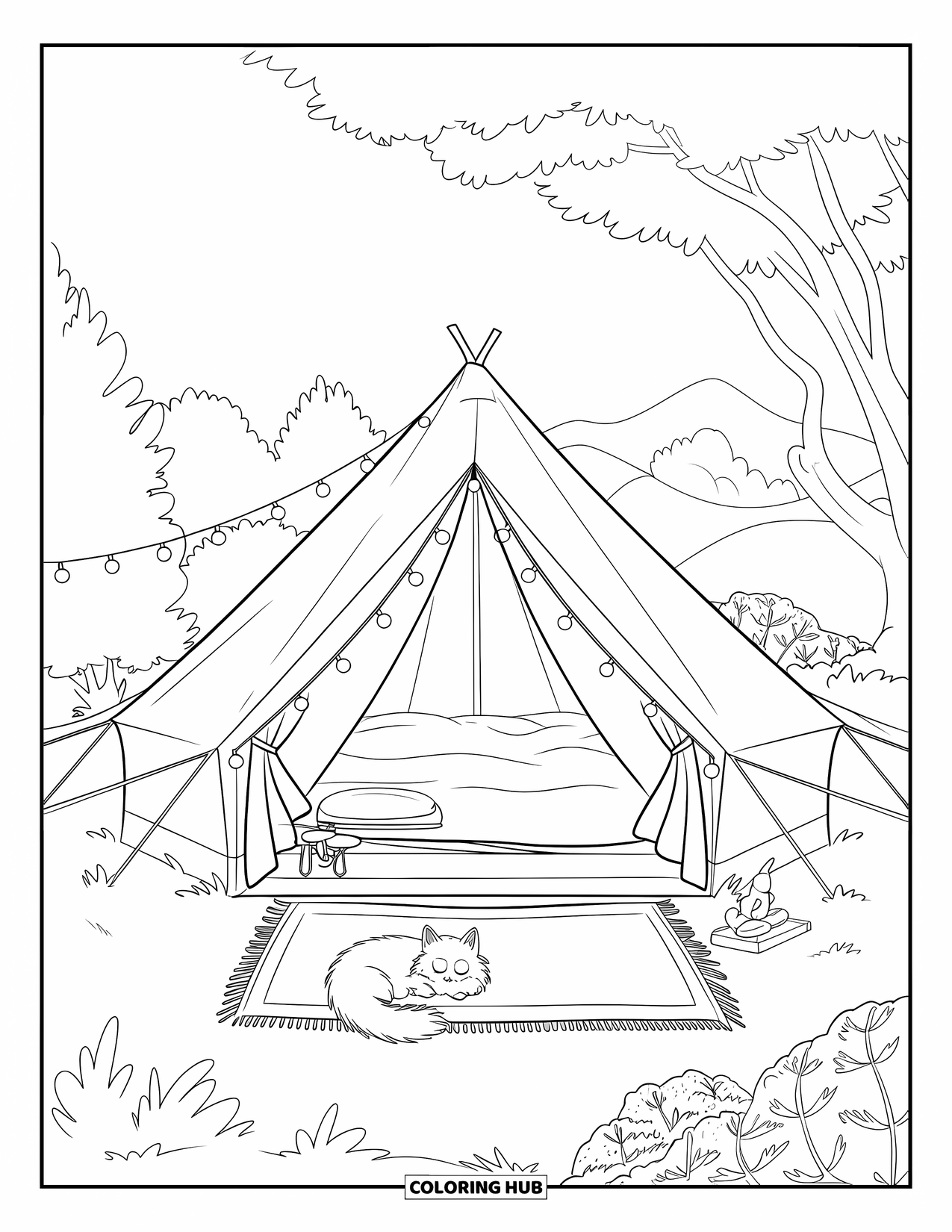 Tent Coloring Page for Kids: Fairy-lit glamping tent and napping cat in a calm mountain meadow