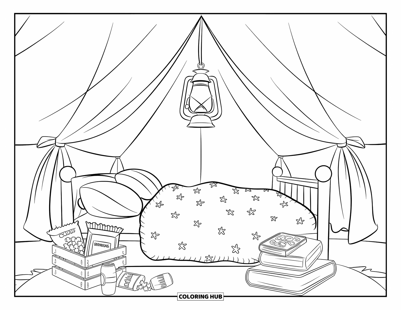 Tent Coloring Page for Kids: Fluffy blanket, books, snacks, and a lantern create a cozy indoor tent setup