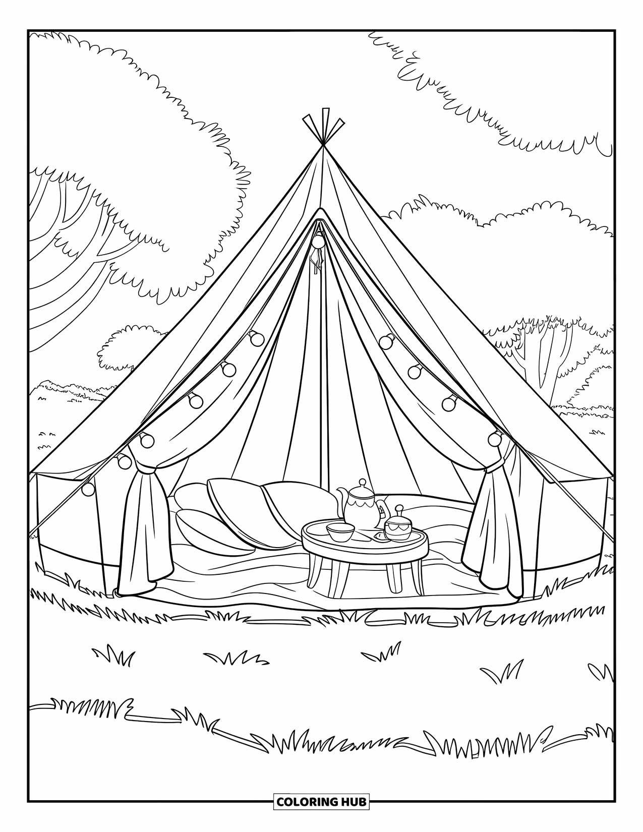 Tent Coloring Page for Kids: Glamping tent with pillows, fairy lights, and a tiny tea set in the grass
