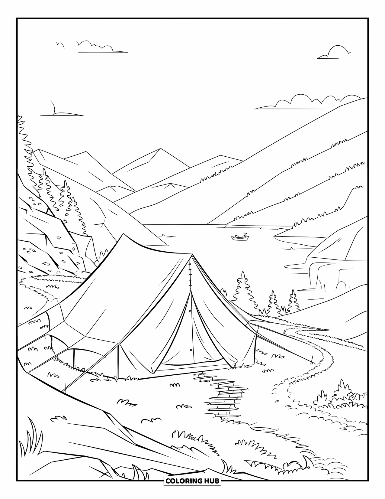 Tent Coloring Page for Kids: Large ridge tent on a rocky trail overlooking a calm mountain lake